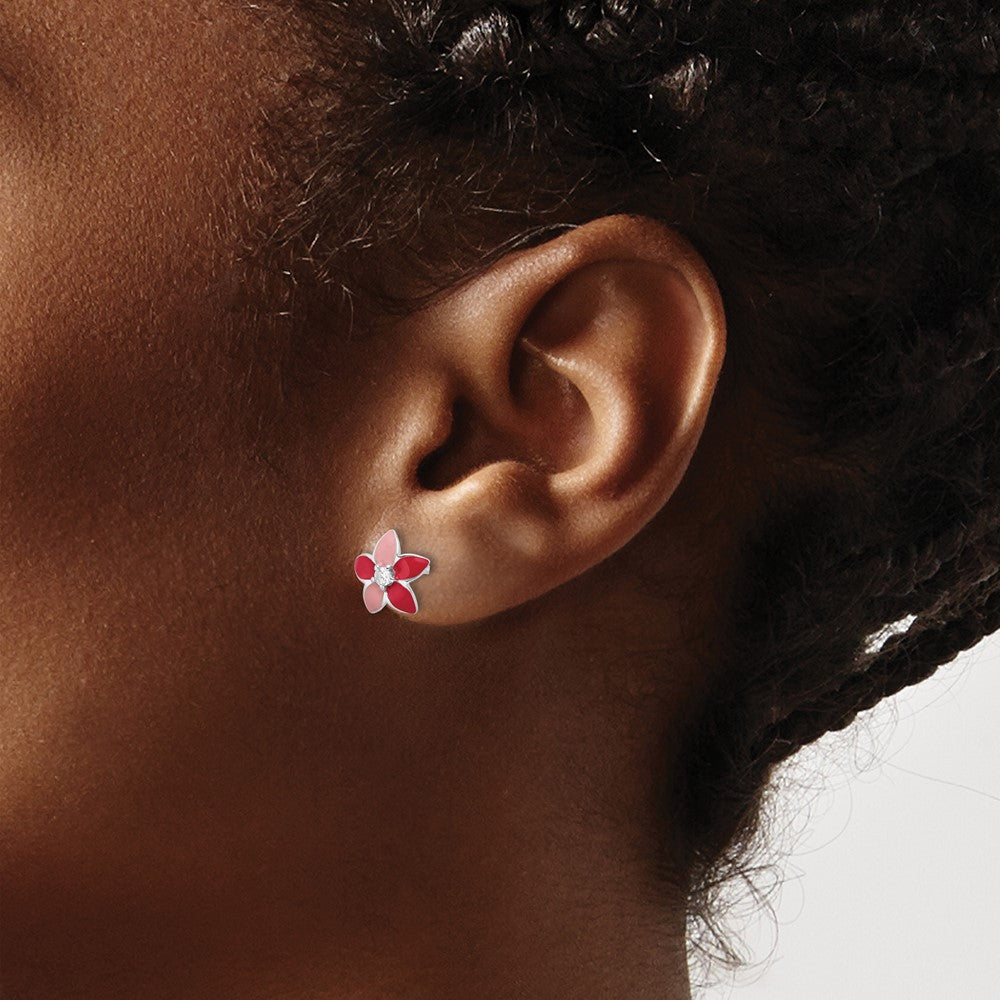 Sterlingsilber Rhodiniert Rosa Emaille & Zirkonia Blume Kinder Ohrstecker