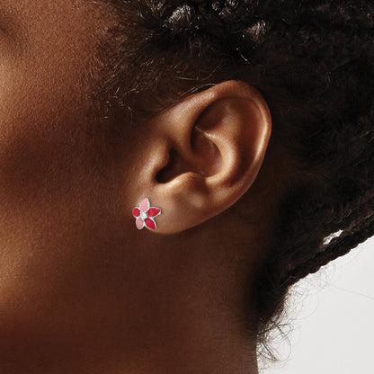 Sterlingsilber Rhodiniert Rosa Emaille & Zirkonia Blume Kinder Ohrstecker