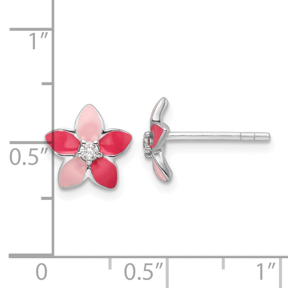 Sterlingsilber Rhodiniert Rosa Emaille & Zirkonia Blume Kinder Ohrstecker