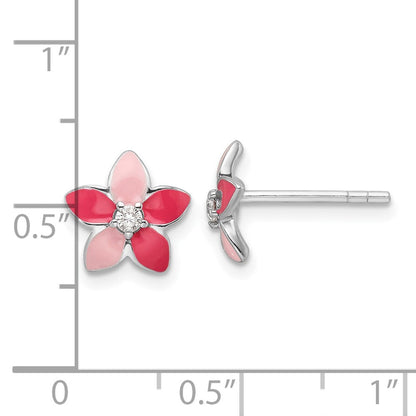 Sterlingsilber Rhodiniert Rosa Emaille & Zirkonia Blume Kinder Ohrstecker