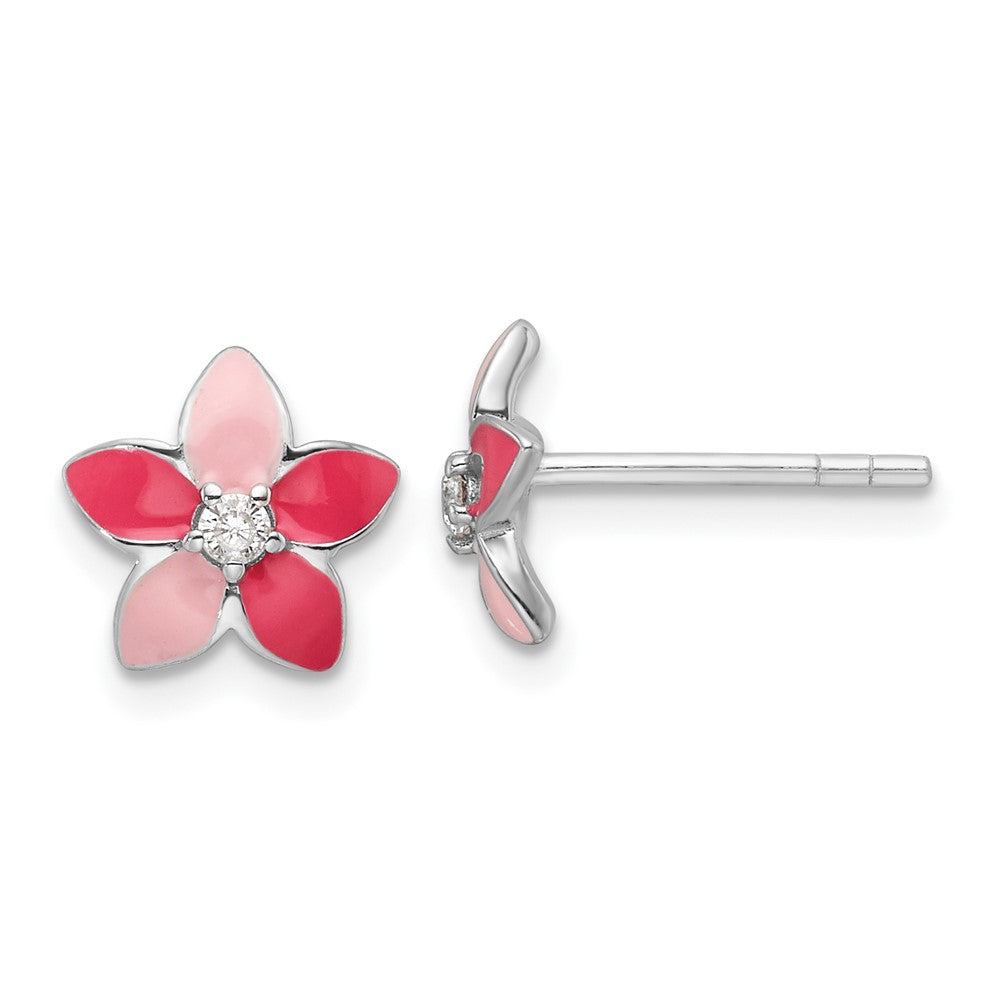 Sterlingsilber Rhodiniert Rosa Emaille & Zirkonia Blume Kinder Ohrstecker