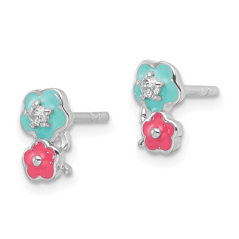 Sterlingsilber Rhodiniert Zirkonia & Emaille Blumen Kinder Ohrstecker