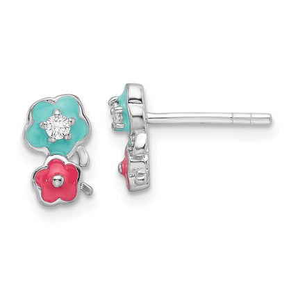 Sterlingsilber Rhodiniert Zirkonia & Emaille Blumen Kinder Ohrstecker