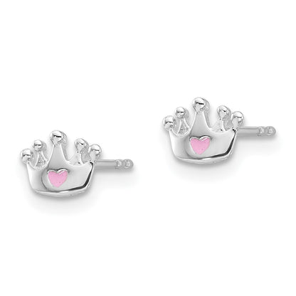 Sterlingsilber Rhodiniert Rosa Emaille Herz Krone Kinder Ohrstecker