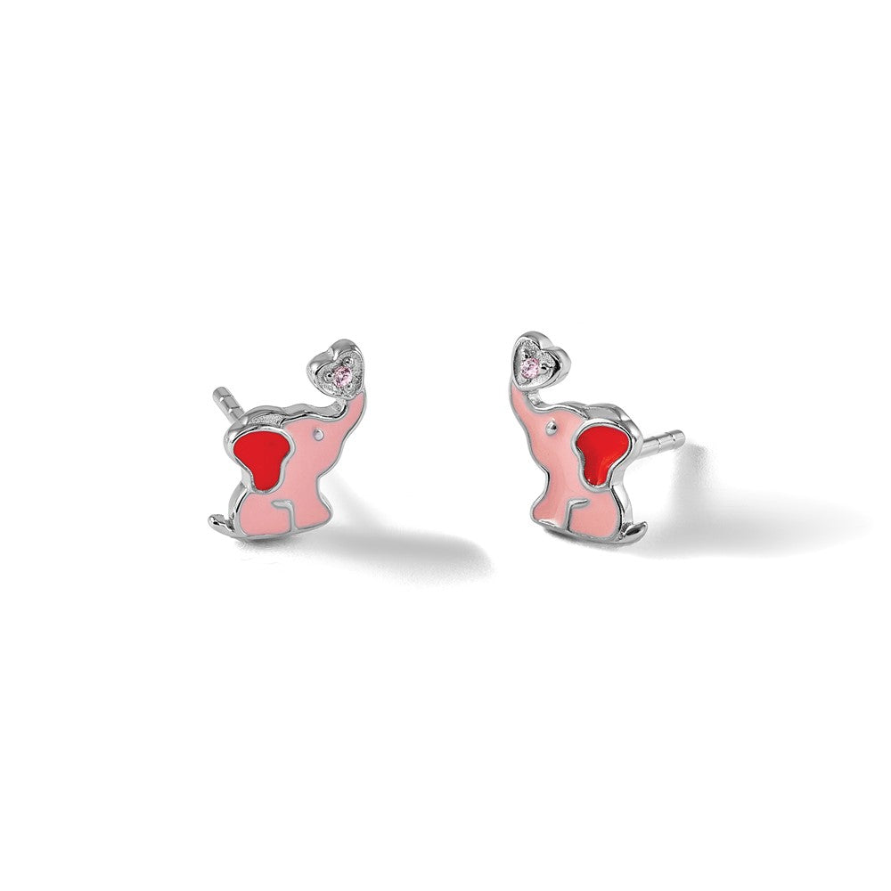 Sterlingsilber Rhodiniert Rosa Emaille & Zirkonia Elefant Kinder Ohrstecker