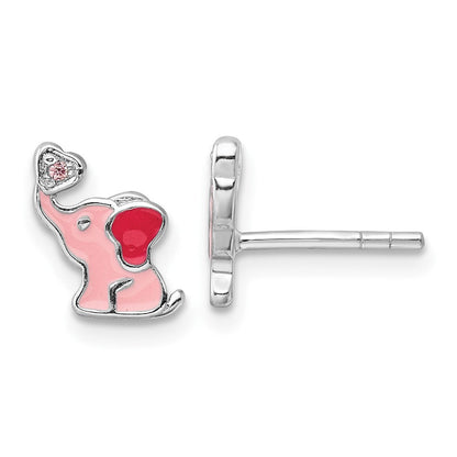 Sterlingsilber Rhodiniert Rosa Emaille & Zirkonia Elefant Kinder Ohrstecker