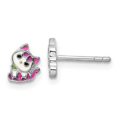 Sterlingsilber Rhodiniert Mehrfarbig Emailliert Kitty Kinder Stecker Ohrring