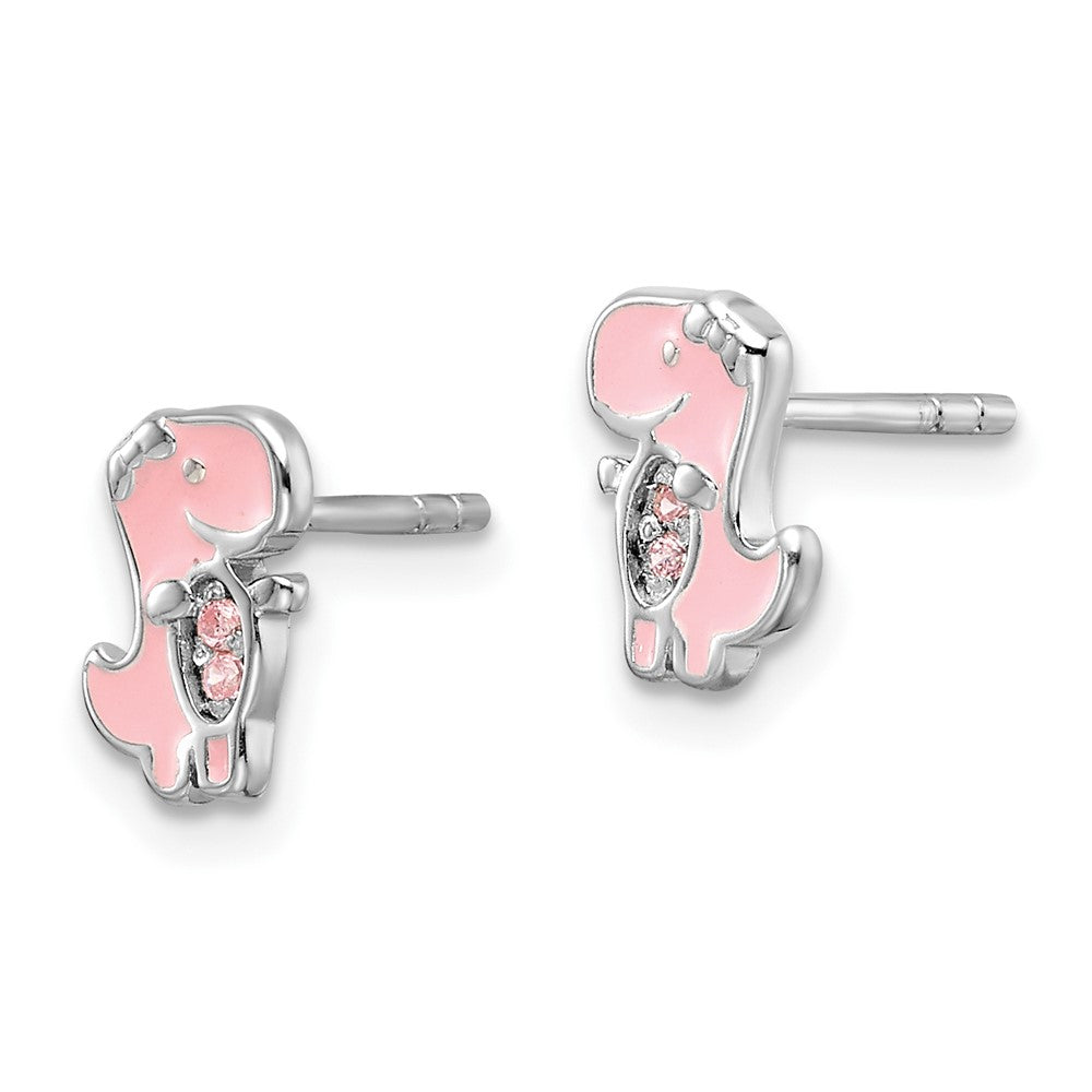 Sterlingsilber Rhodiniert Rosa Zirkonia & Emaille Dinosaur Kinder Ohrstecker