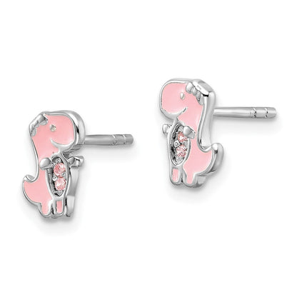 Sterlingsilber Rhodiniert Rosa Zirkonia & Emaille Dinosaur Kinder Ohrstecker