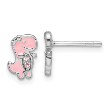 Sterlingsilber Rhodiniert Rosa Zirkonia & Emaille Dinosaur Kinder Ohrstecker
