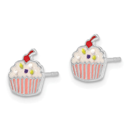 Sterlingsilber Rhodiniert Emaille Cupcake Kinder Ohrstecker