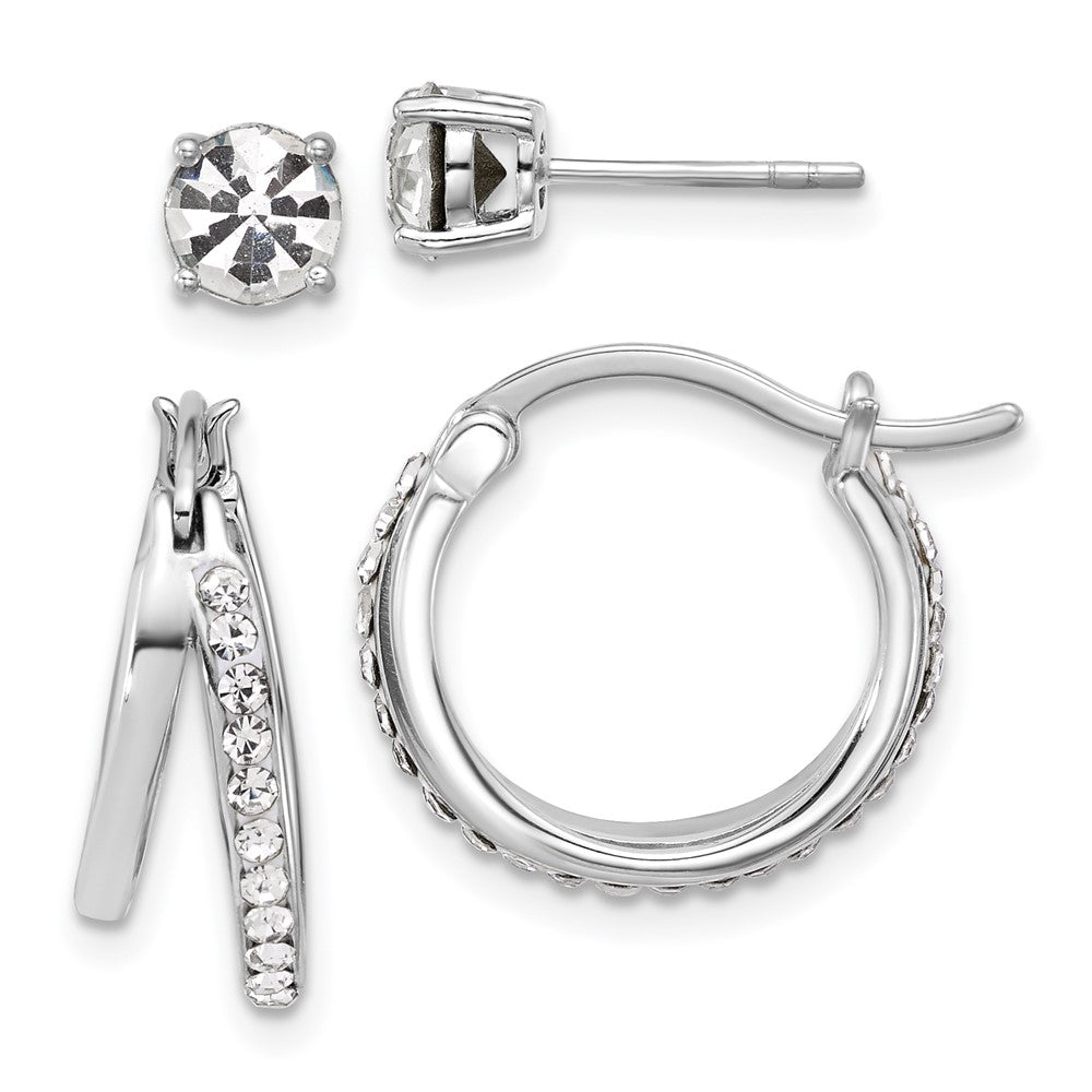 Sterlingsilber Platin Glanz-beschichtet Weiß Kristall Stecker/hoop Ohrring Set