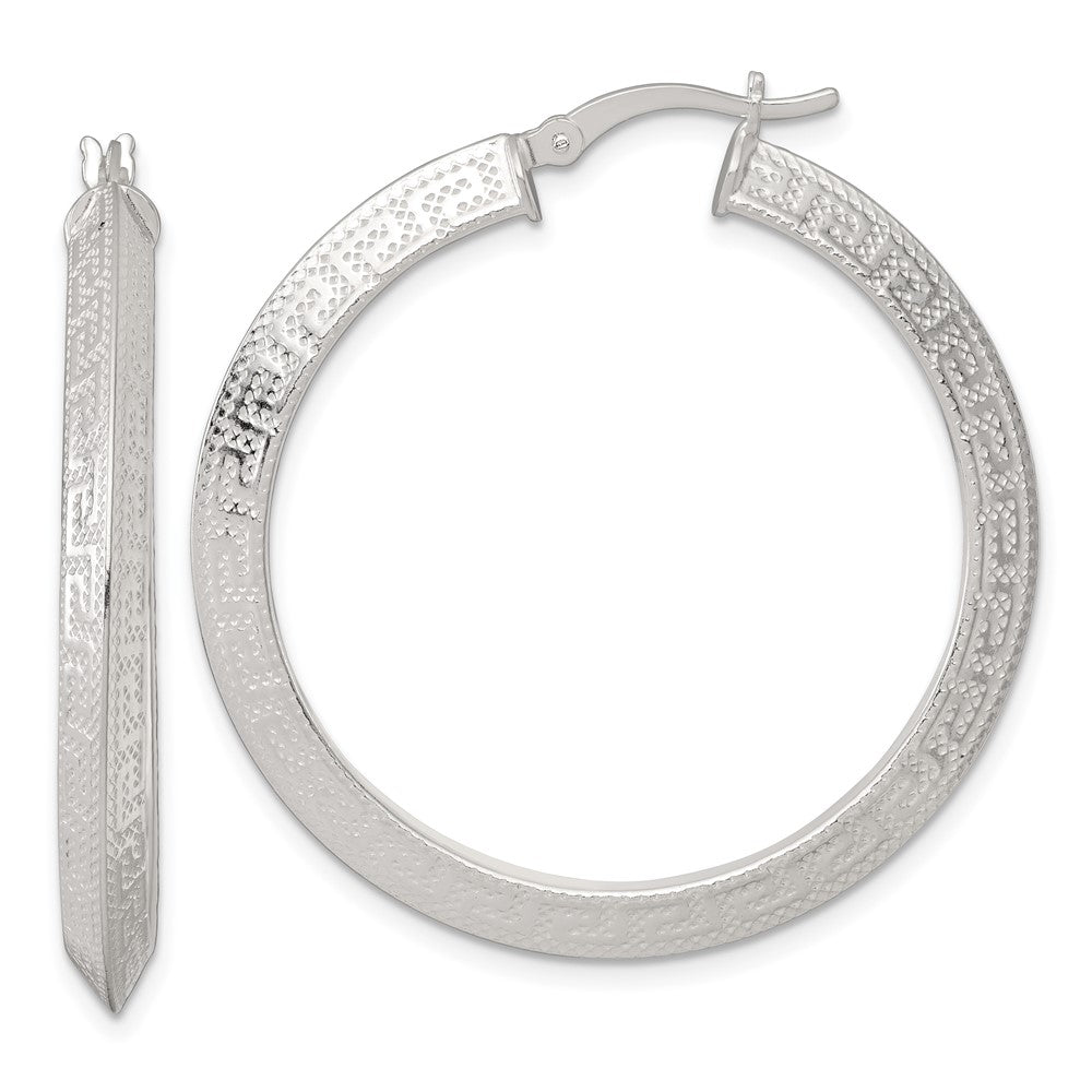 Sterlingsilber Strukturiert 40x4.0mm Messer Kante Greek Key Rund Creolen