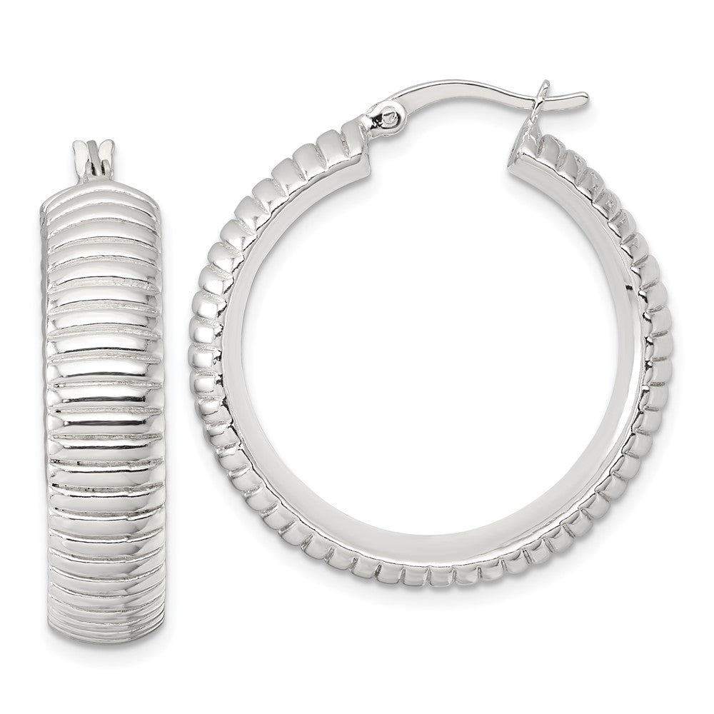 Sterlingsilber Poliert und Gerillt 32x7.5mm Rund Creolen