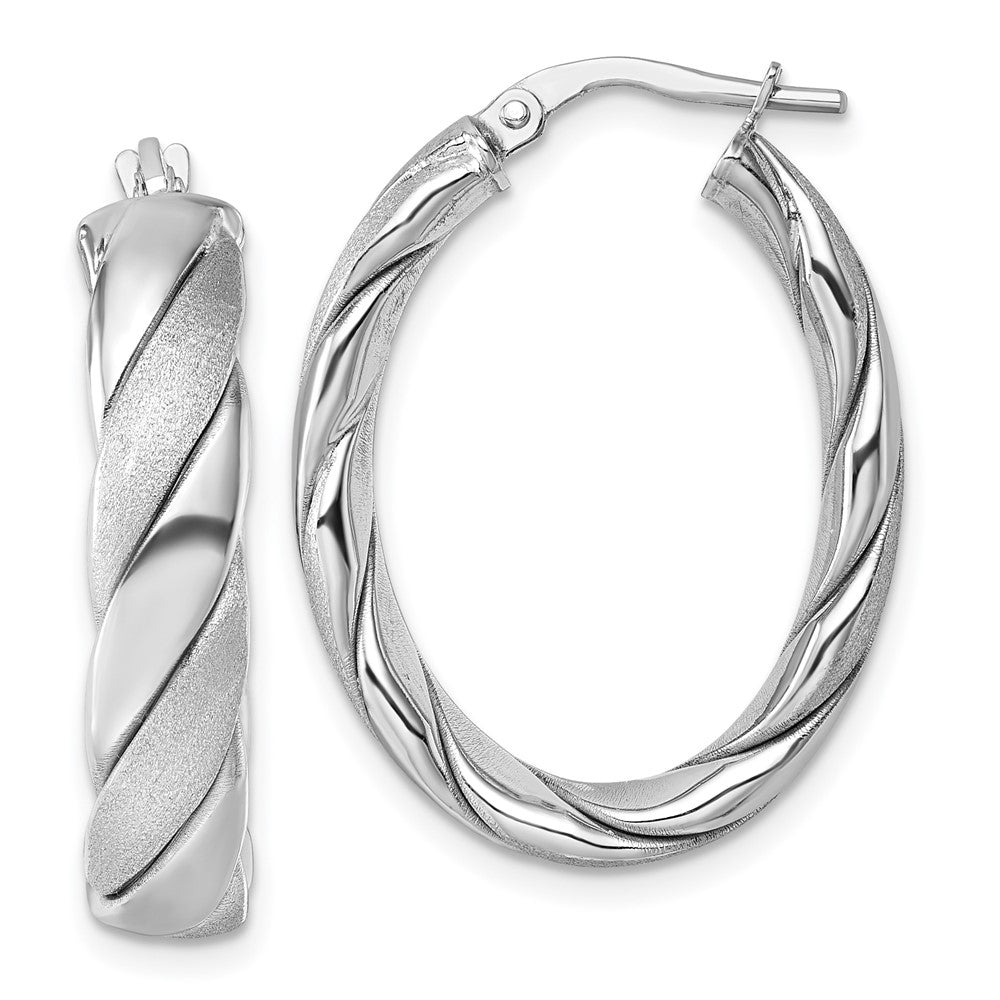 Sterlingsilber Rhodiniert-plt Poliert / Scratch Finish Gedreht Oval Creolen