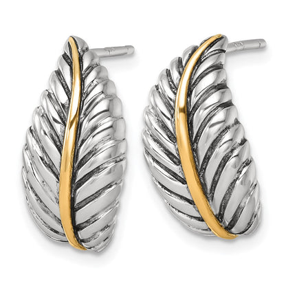Sterlingsilber Antikisiert mit Silber/14K Bicolor Akzente Poliert Feder Ohrstecker
