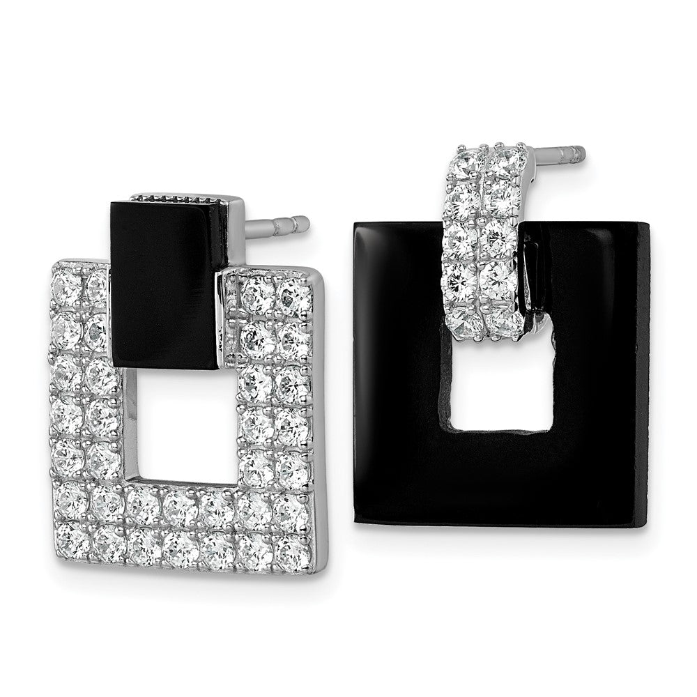 Sterlingsilber Rhodiniert Zirkonia Schwarz Achat Quadratisch Hängend Mis-matched Ohrringe