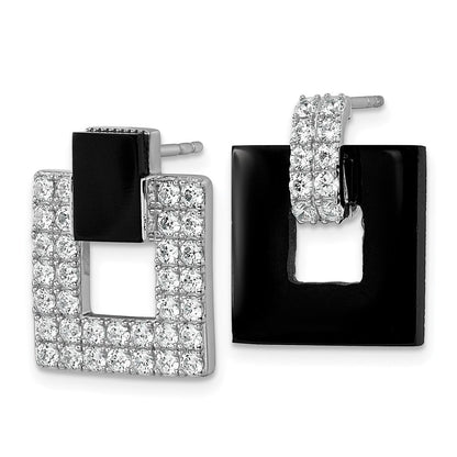 Sterlingsilber Rhodiniert Zirkonia Schwarz Achat Quadratisch Hängend Mis-matched Ohrringe