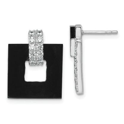 Sterlingsilber Rhodiniert Zirkonia Schwarz Achat Quadratisch Hängend Mis-matched Ohrringe