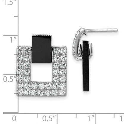 Sterlingsilber Rhodiniert Zirkonia Schwarz Achat Quadratisch Hängend Mis-matched Ohrringe