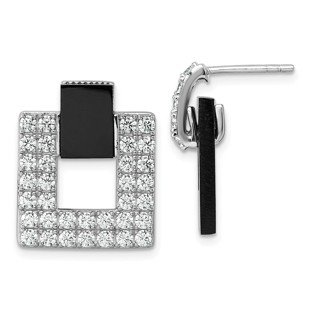 Sterlingsilber Rhodiniert Zirkonia Schwarz Achat Quadratisch Hängend Mis-matched Ohrringe
