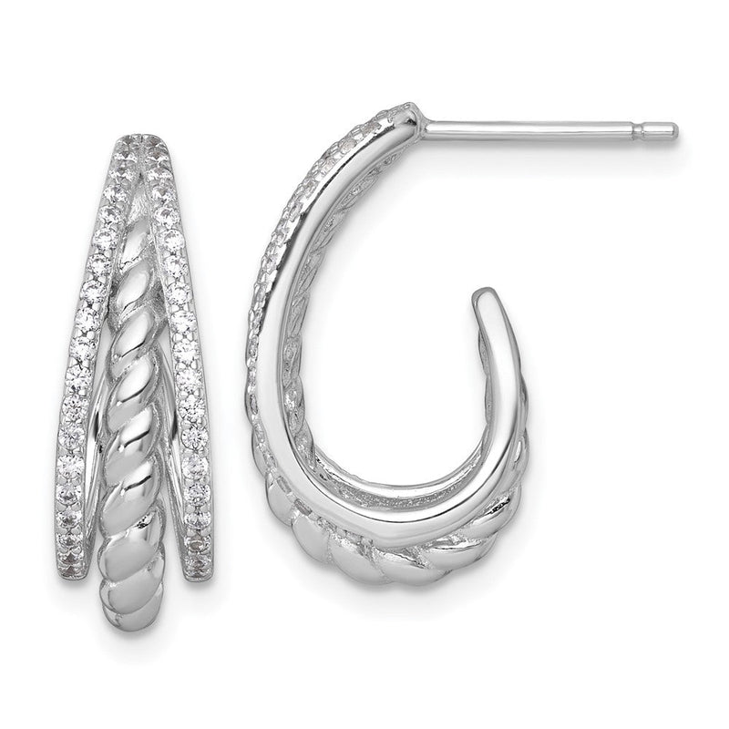 Sterlingsilber Rhodiniert Poliert und Gedreht Zirkonia Stecker J- Creolen