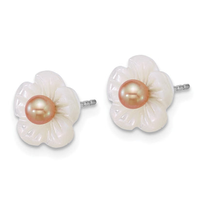 Sterlingsilber Rhodiniert 3-4mm Rosa Fwc/wht Perlmutt Blume Ohrringe