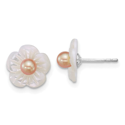 Sterlingsilber Rhodiniert 3-4mm Rosa Fwc/wht Perlmutt Blume Ohrringe