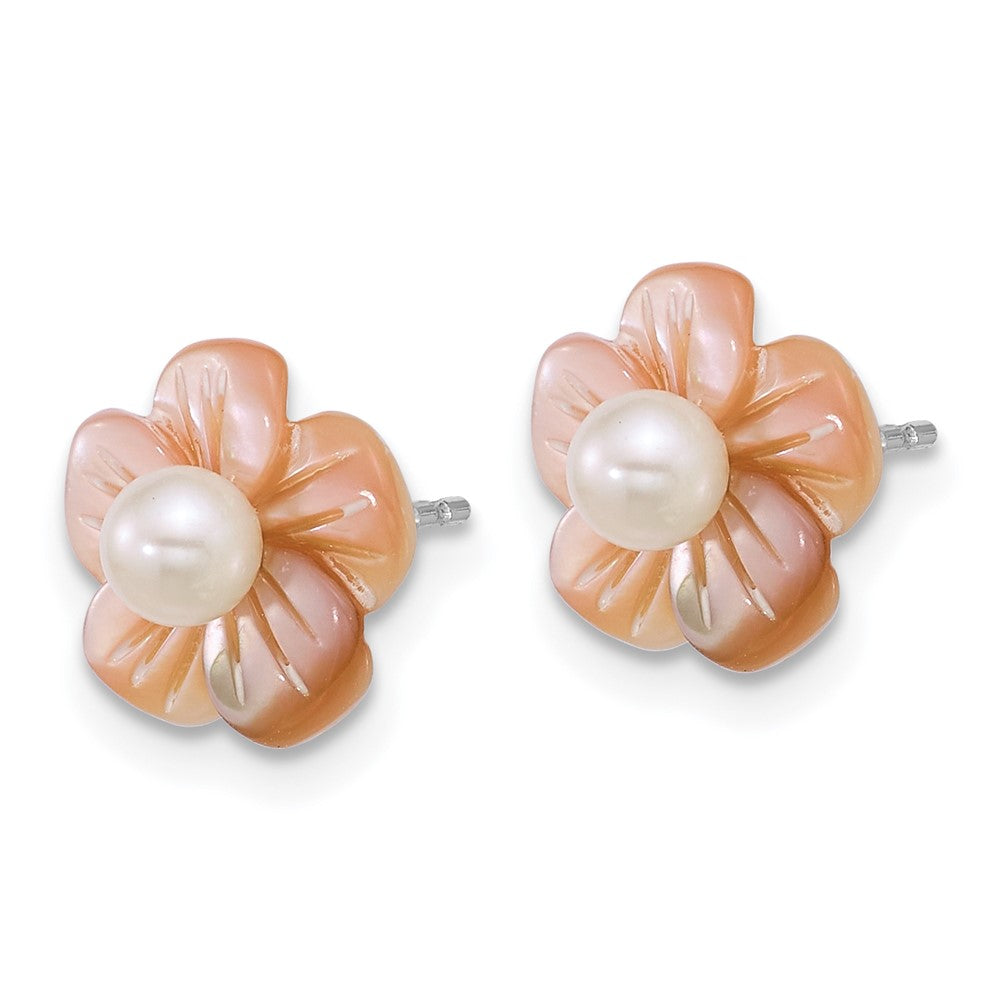 Sterlingsilber Rhodiniert 3-4mm Weiß Fwc/pink Perlmutt Blume Ohrringe