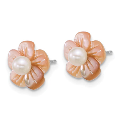 Sterlingsilber Rhodiniert 3-4mm Weiß Fwc/pink Perlmutt Blume Ohrringe