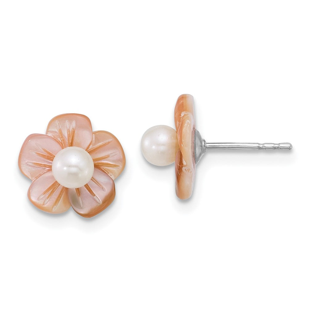 Sterlingsilber Rhodiniert 3-4mm Weiß Fwc/pink Perlmutt Blume Ohrringe