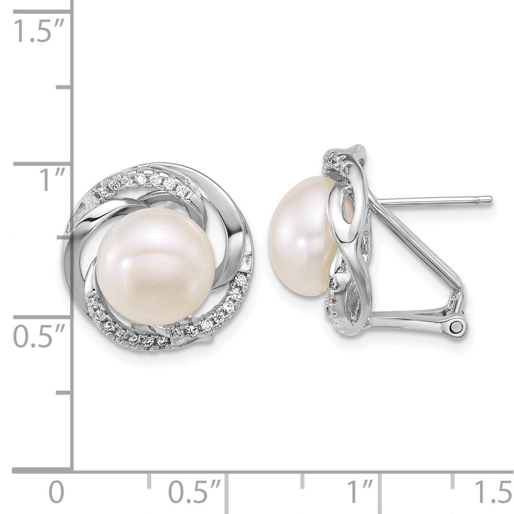 Sterlingsilber Rhodiniert 9-10mm Fwc Perle & Zirkonia Omega Rückseite Ohrringe