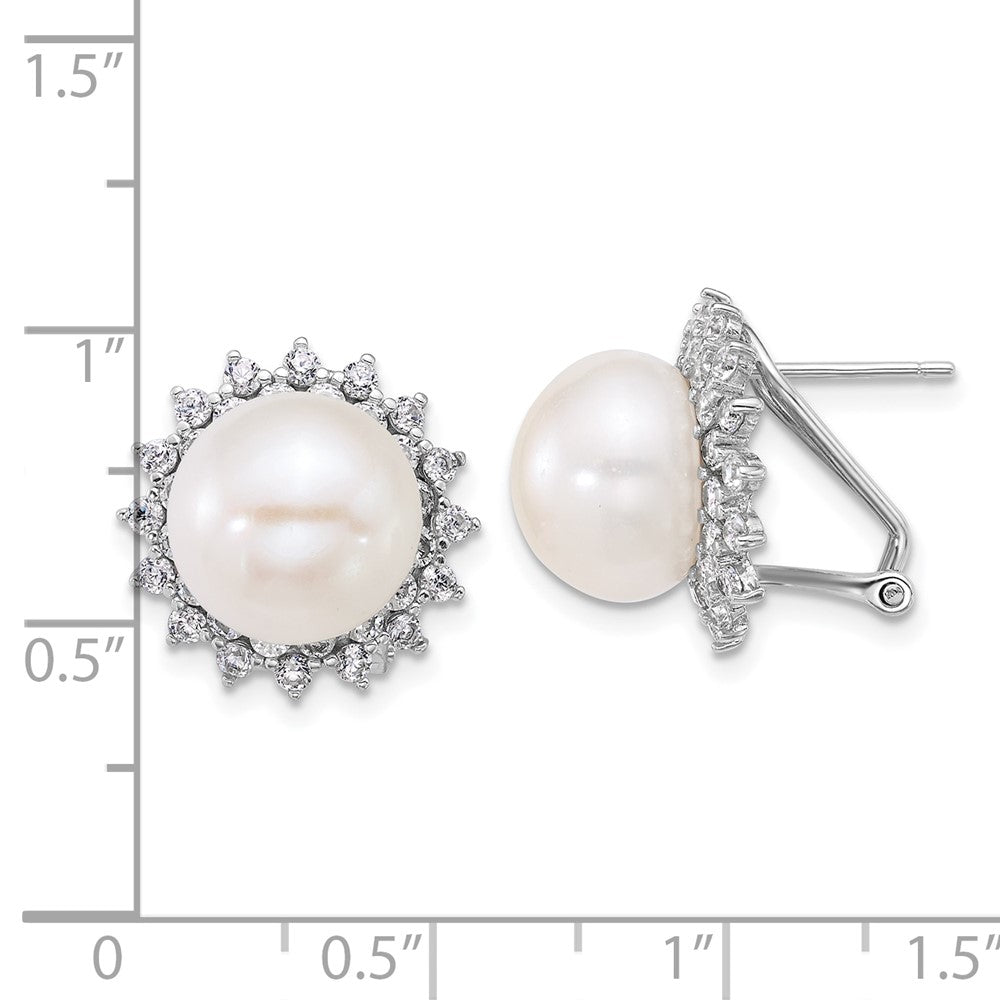 Sterlingsilber Rhod 11-12mm Fwc Perle & Zirkonia Omega Rückseite Ohrringe