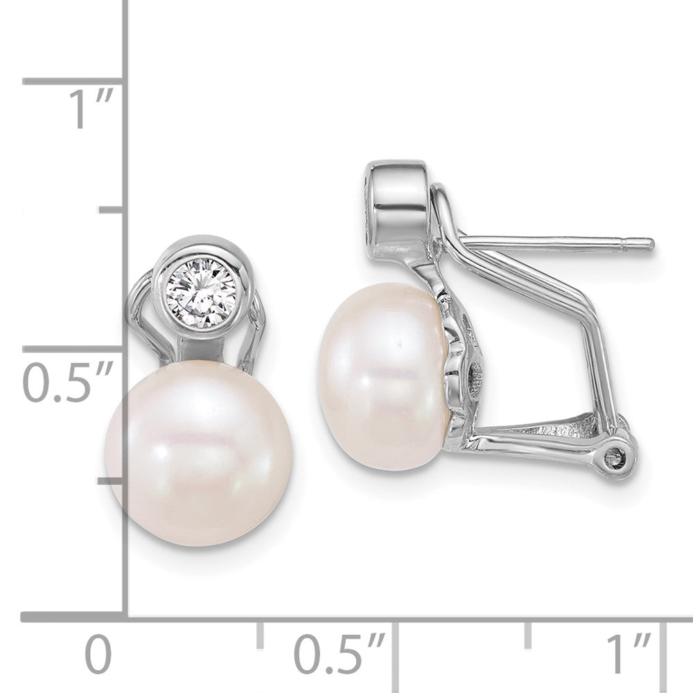 Sterlingsilber Rhodiniert 8-9mm Fwc Perle/cz Omega Rückseite Ohrringe