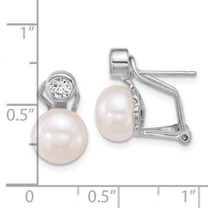 Sterlingsilber Rhodiniert 8-9mm Fwc Perle/cz Omega Rückseite Ohrringe