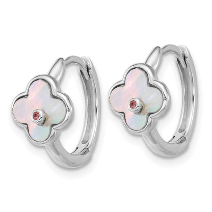 Sterlingsilber Rhod-pl Perlmutt und Zirkonia Blume Klappbar Creolen