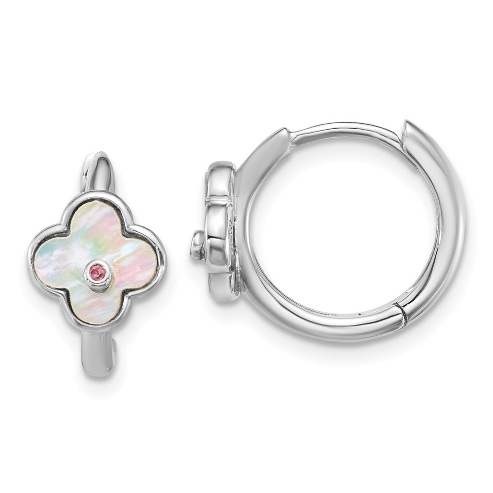 Sterlingsilber Rhod-pl Perlmutt und Zirkonia Blume Klappbar Creolen