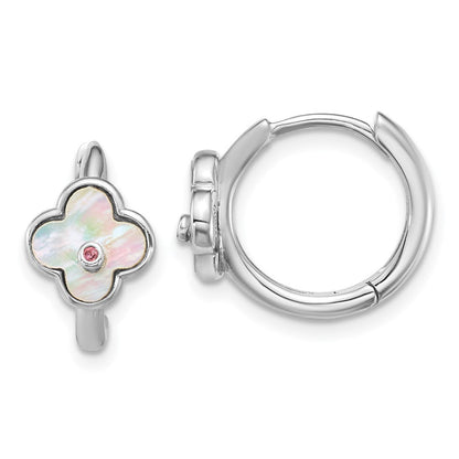 Sterlingsilber Rhod-pl Perlmutt und Zirkonia Blume Klappbar Creolen