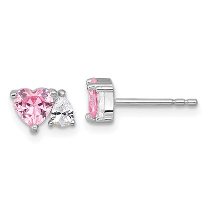 Sterlingsilber Rhodiniert Rosa Weiß Herz und Tropfen-shaped Zirkonia Ohrstecker