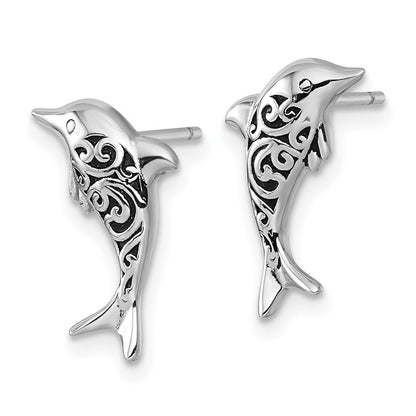 Sterlingsilber Rhodiniert Poliert und Oxidiert Filigran Delfin Stecker Earri