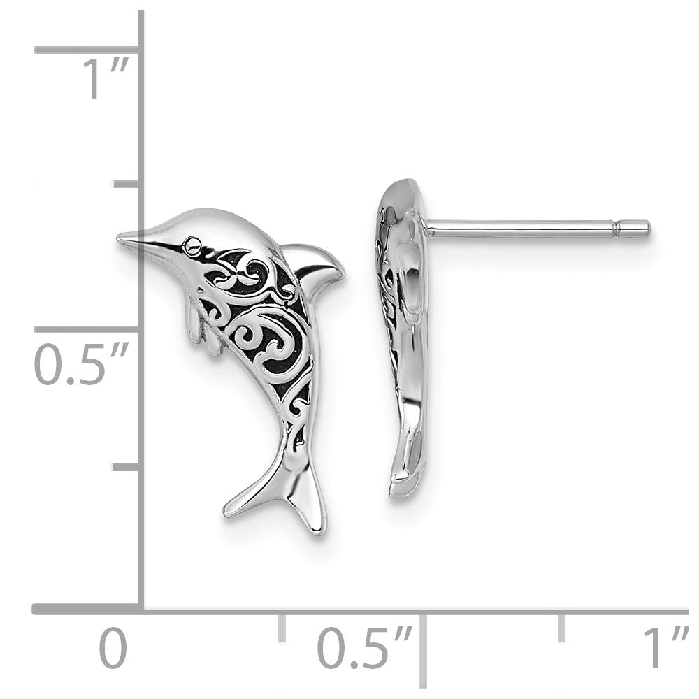 Sterlingsilber Rhodiniert Poliert und Oxidiert Filigran Delfin Stecker Earri