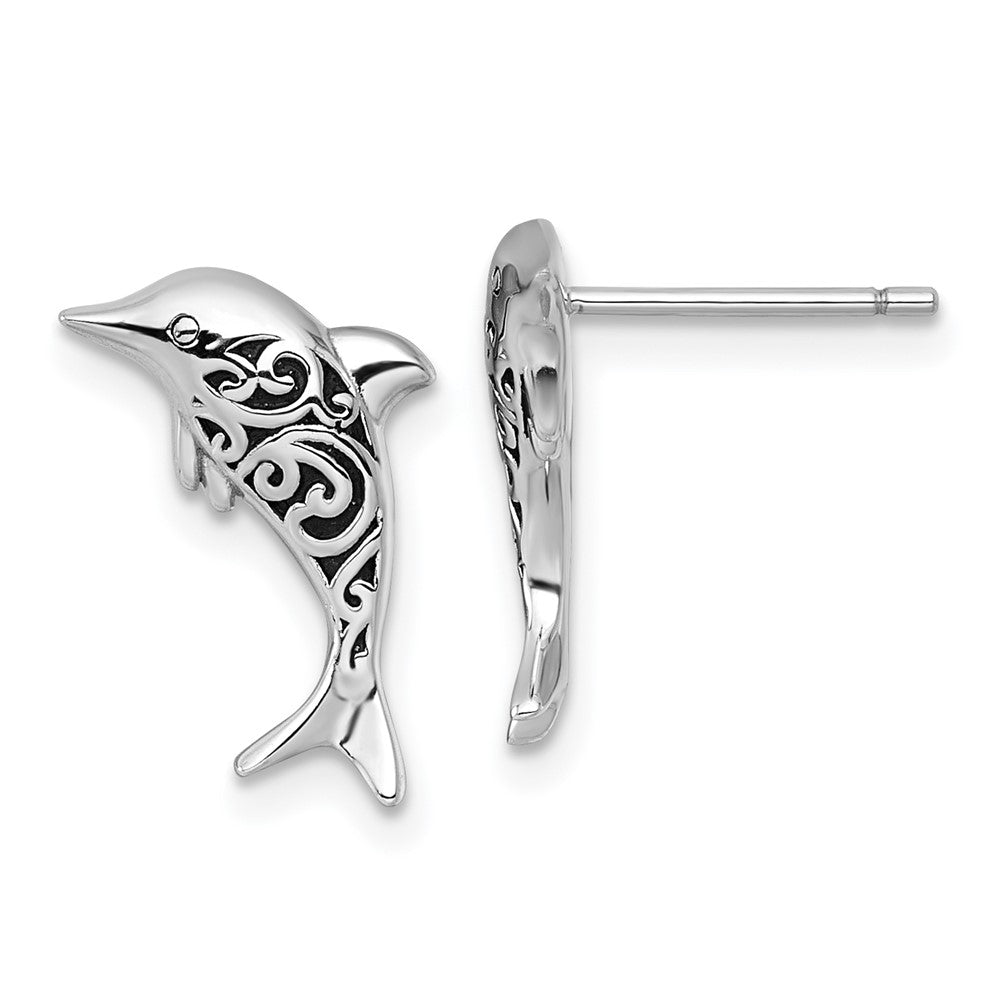 Sterlingsilber Rhodiniert Poliert und Oxidiert Filigran Delfin Stecker Earri