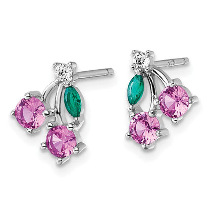 Sterlingsilber Rhod-pl Zirkonia Lab Cr Corundum & Grün Glas Cherry Stecker Earrin