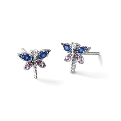 Sterlingsilber Rhod-pl Zirkonia Lab Cr Corundum & Blau Glas Libelle Ohrringe