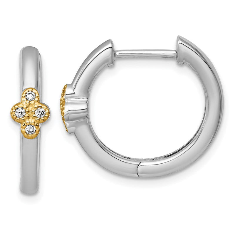 Sterlingsilber Rhodiniert-pl mit Silber/14K Bicolor Akzente Poliert Zirkonia Klappbar Creolen