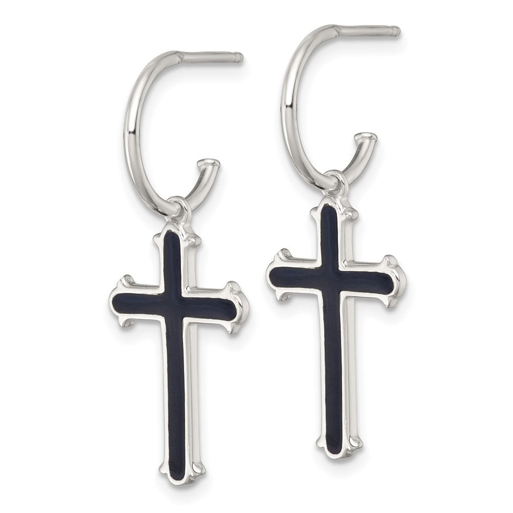Sterlingsilber Poliert Schwarz Emaille Kreuz Hängend Stecker C- Creolen