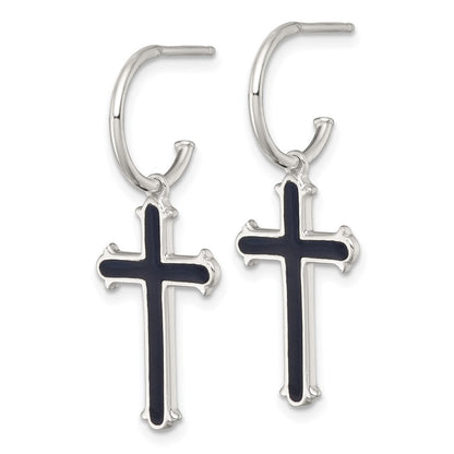Sterlingsilber Poliert Schwarz Emaille Kreuz Hängend Stecker C- Creolen