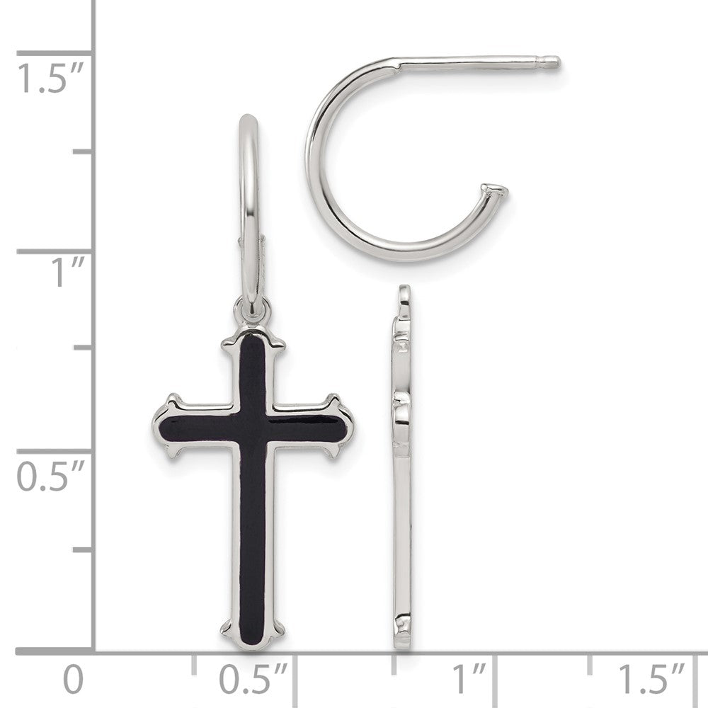 Sterlingsilber Poliert Schwarz Emaille Kreuz Hängend Stecker C- Creolen