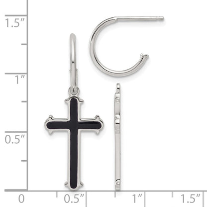 Sterlingsilber Poliert Schwarz Emaille Kreuz Hängend Stecker C- Creolen