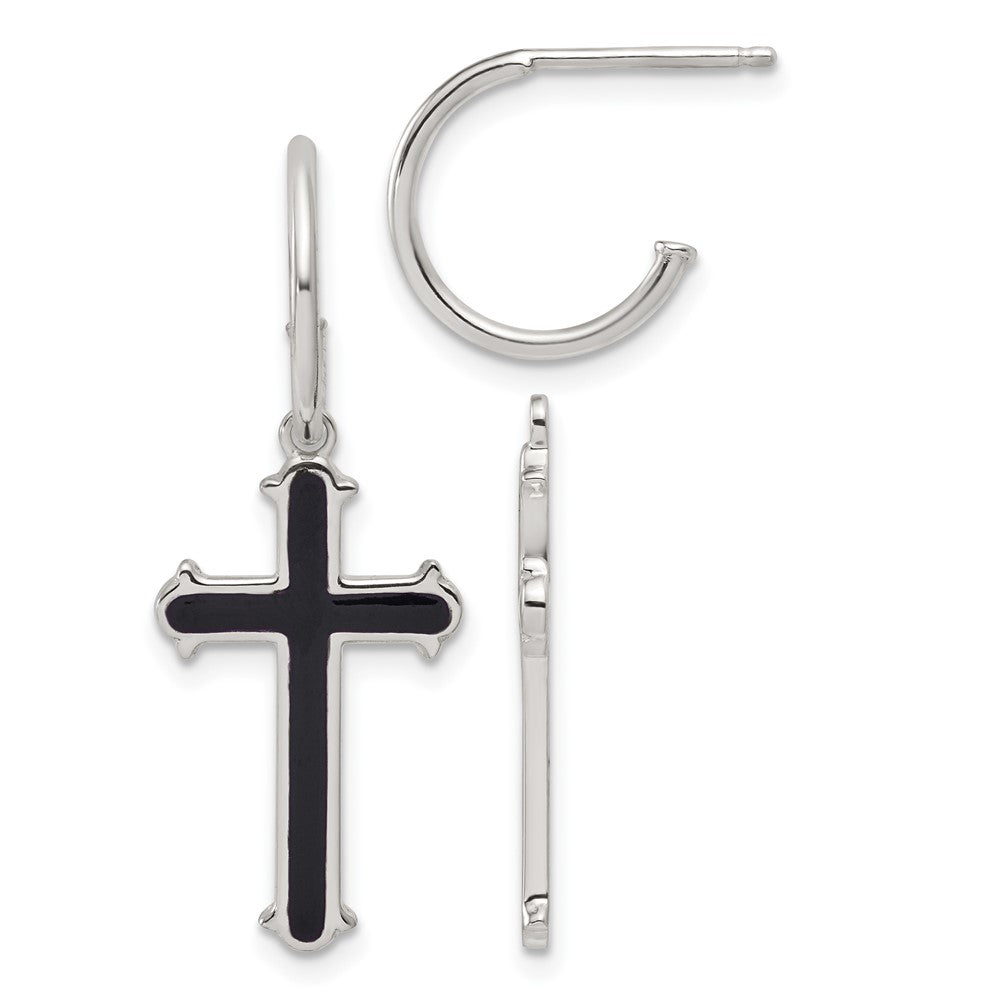 Sterlingsilber Poliert Schwarz Emaille Kreuz Hängend Stecker C- Creolen